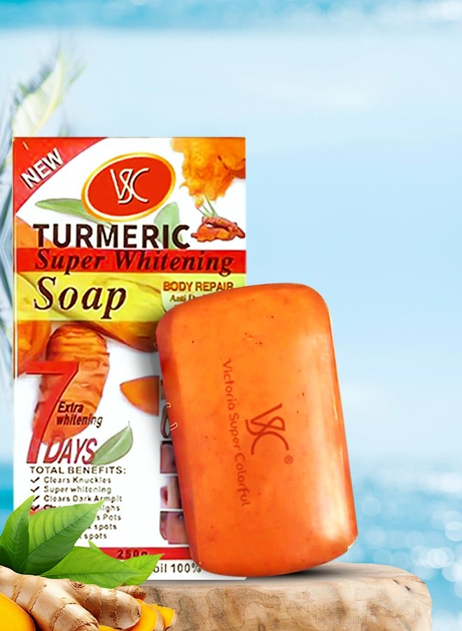 VSC صابون الكركم الفائق للتبييض 250 جرام إصلاح الجسم مضاد للبقع الداكنة مضاد للشيخوخة صابون تحت الإبطين والفخذين والمفاصل الداكنة بقع سوداء صابون تبييض 100% زيت أساسي نقي للوجه والجسم - Image 1