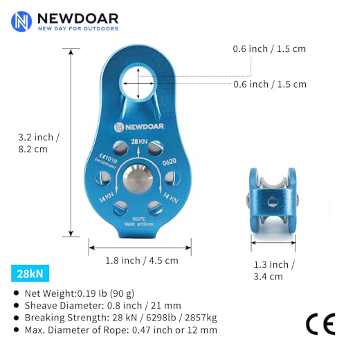NewDoar Fixed Plate Micro Pulley,26KN CE Certified General Purpose Small Aluminum Rope Pulleys for Climbing/Aloft Work/Rappelling/Rescue Etc(26KN Blue 2pcs) - Image 2