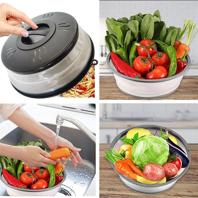XGHJ Microwave Splatter Cover Vented for Food, Microwave Plate Cover Splatter Guard & Colander, Fruit Vegetables Drainer with Hook Hole, Dishwasher-Safe,BPA-Free Silicone & Plastic (Black) - Image 4