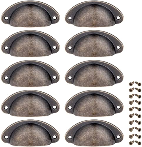 Yetaha Antique Cabinet Cup Handles, 10PCS Brass Drawer Pulls Vintage Shell Shape Knobs for Dresser Cupboard Kitchen Furniture Decoration, with Screws (Bronze) - Image 1