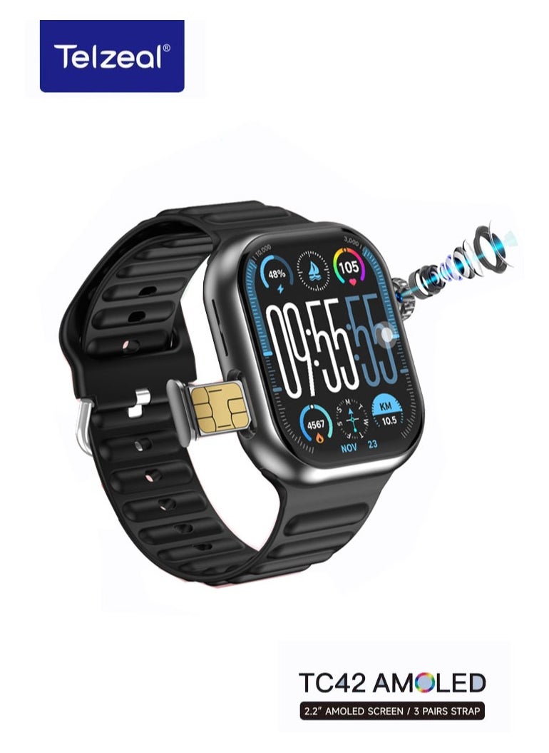 Telzeal Telzeal TC42 AMOLED 4G 2.2 Inch AMOLED Display Smartwatch with 8MP Camera Sim card Slot 3 Pair Straps and Charging Cable Designed for Ladies and Gents Black  - Image 1