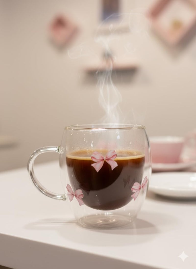 THE UMBRELLA STORE Coquette Pink Bow Glass Mug – Double Wall Insulated Clear Cup for Coffee, Tea & Lattes – Aesthetic Gift for Girls, 250ml - Image 4