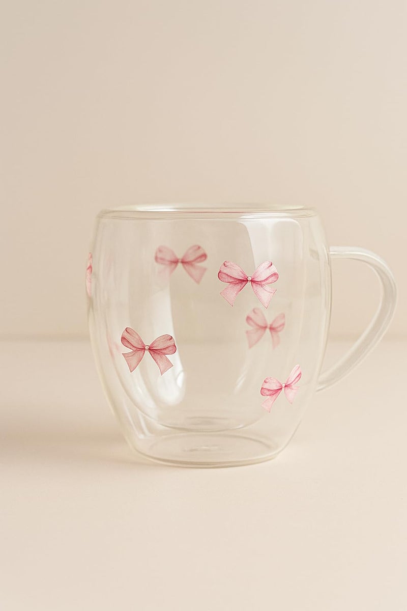 THE UMBRELLA STORE Coquette Pink Bow Glass Mug – Double Wall Insulated Clear Cup for Coffee, Tea & Lattes – Aesthetic Gift for Girls, 250ml - Image 1