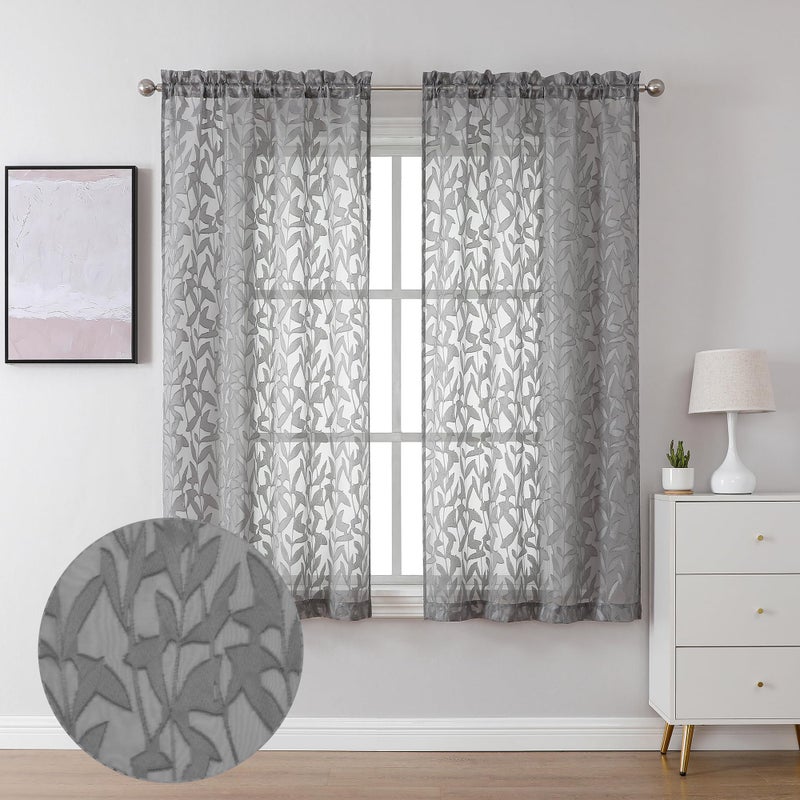 Lecloud Leia Clip Textured Charcoal Grey Sheer Curtains 63 Inch Length 2 Panels, Light Filtering Jacquard Leaf Voile Gray Curtain with Dual Rod Pockets, Kitchen/Bedroom/Living Room Drapes, 38W x 63L - Image 1