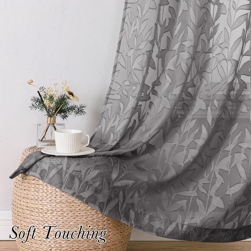 Lecloud Leia Clip Textured Charcoal Grey Sheer Curtains 63 Inch Length 2 Panels, Light Filtering Jacquard Leaf Voile Gray Curtain with Dual Rod Pockets, Kitchen/Bedroom/Living Room Drapes, 38W x 63L - Image 3