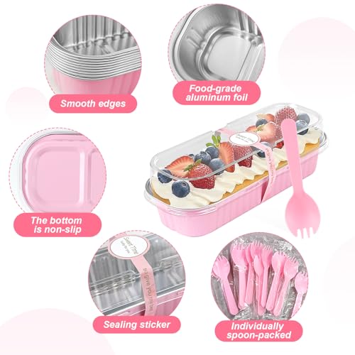 YOIYINI 30Pcs Mini Loaf Pans with Lids,Mini Cake Pans with Lids and Spoons,Mini Aluminum Pans with Lids,Small Cake Pans with Lids for Valentine's Day (30, pink) - Image 3