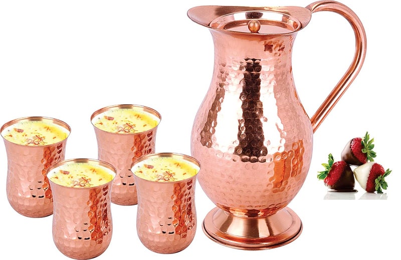 Smartserve Seamless Copper Hammered Jug Set of 5pcs 1 jug with 4 Drinking Glasses - Image 2