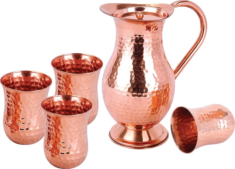 Smartserve Seamless Copper Hammered Jug Set of 5pcs 1 jug with 4 Drinking Glasses - Image 1