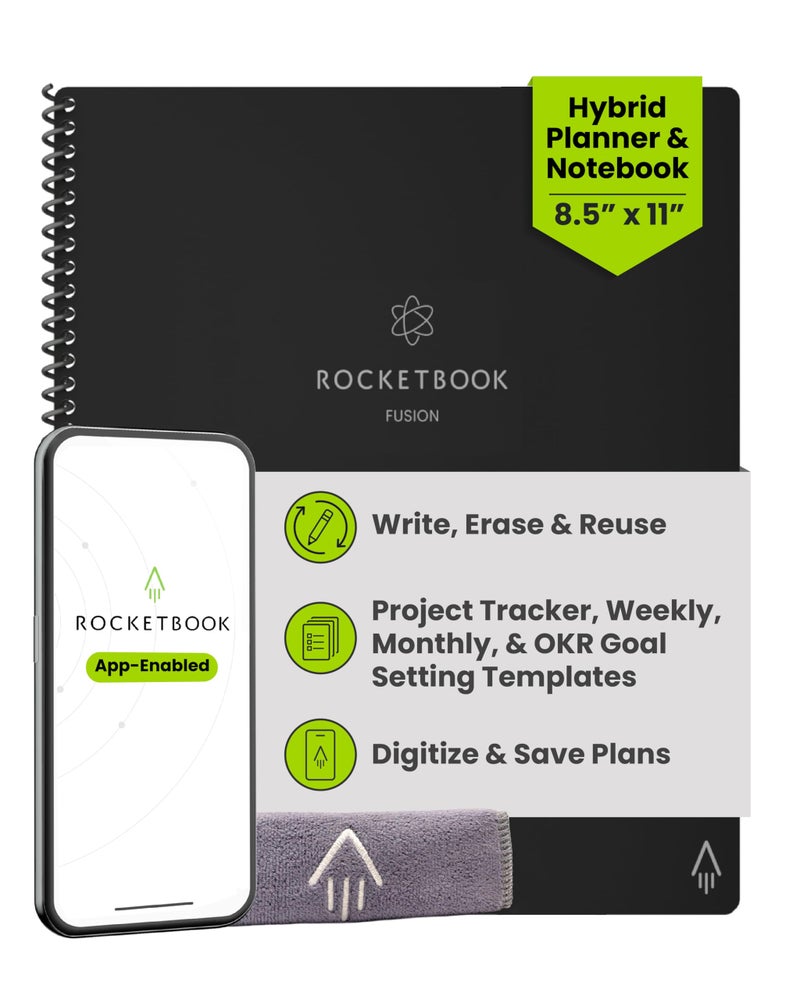 Rocketbook Fusion Hybrid Reusable Planner and Notebook in One, Additional Blank Pages, Goal and Project Tracker, Undated Planner, Letter Size 8.5x11, Black (Pack of 1) - Image 1