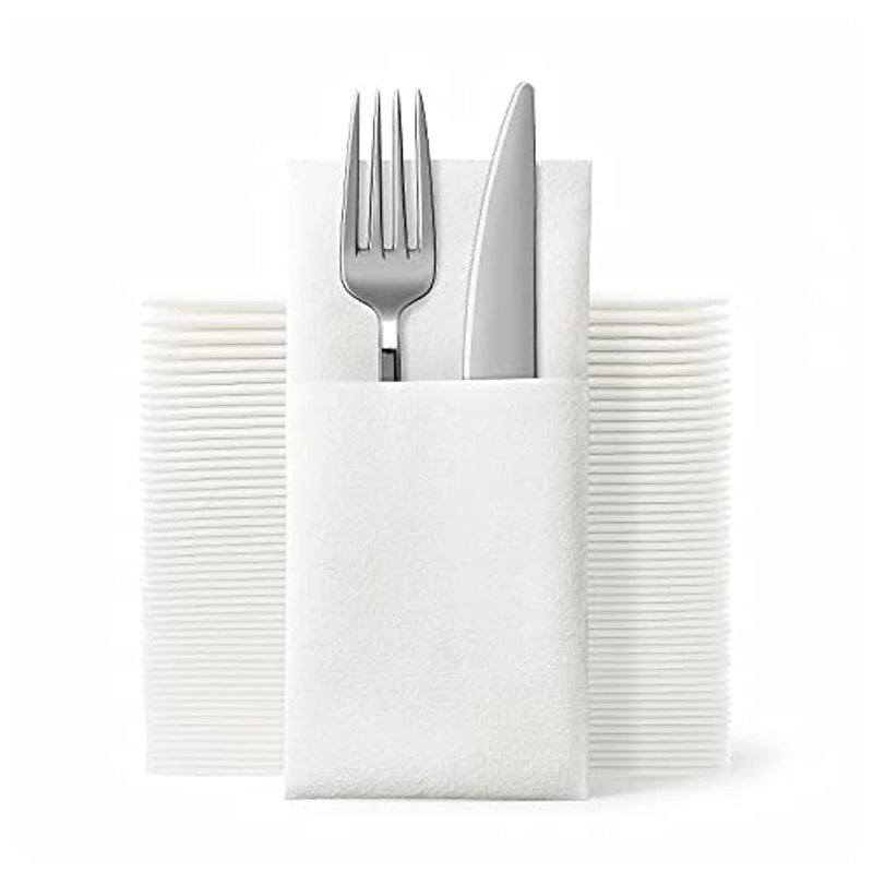 JEBBLAS Disposable Cloth Like Napkins, Built-in Flatware Pocket, Wedding Party Linen Feel White Napkin, Prefolded for Silverware,100 Count - Image 1