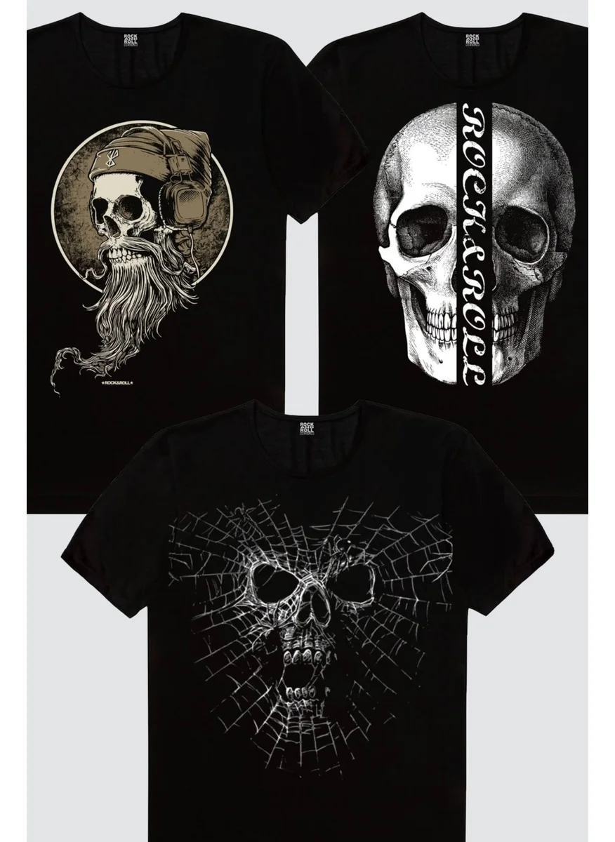 Rock&Roll Spider Skull, Half Skull, Bearded Skull Men's 3-Piece Eco Pack T-Shirt