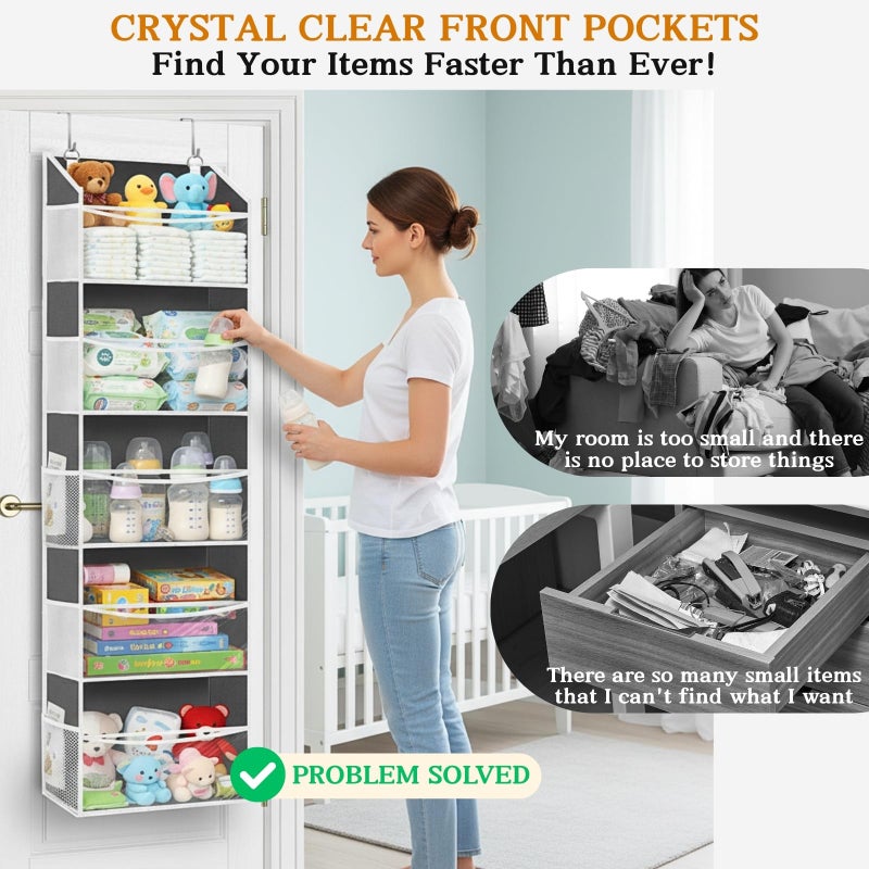 Ofiray-home Over Door Organizer with 5 Large Pockets, 5 Transparent Front Pockets & 10 Mesh Side Pockets, 50 lbs Weight Capacity Hanging Storage for Toys, Shoes, Diapers, Pantry â€“ Grey - Image 3