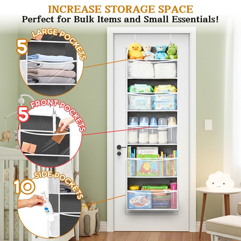 Ofiray-home Over Door Organizer with 5 Large Pockets, 5 Transparent Front Pockets & 10 Mesh Side Pockets, 50 lbs Weight Capacity Hanging Storage for Toys, Shoes, Diapers, Pantry â€“ Grey - Image 2