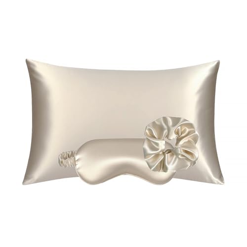 KISMETICS Vegan Silk Sleep Set Satin Pillowcase Eye Mask Large Scrunchie for Hair and Skin Frizz Free Beauty Sleep Self Care Night Routine Champagne - Image 1