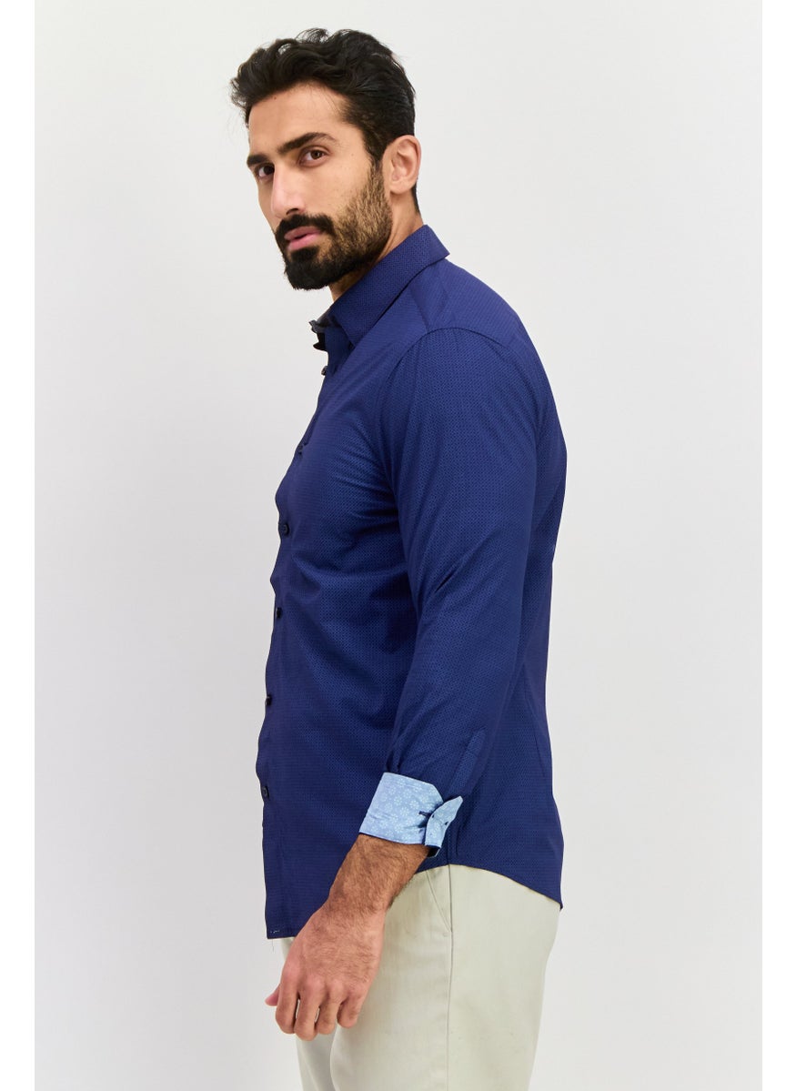 English Laundry Men Slim Fit Geometric Long Sleeves Dress Shirt, Dark Blue  - Image 3