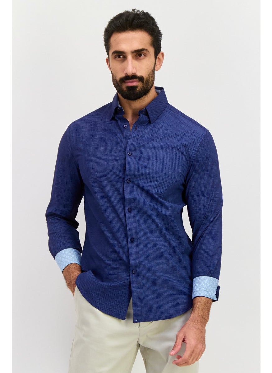 English Laundry Men Slim Fit Geometric Long Sleeves Dress Shirt, Dark Blue  - Image 1