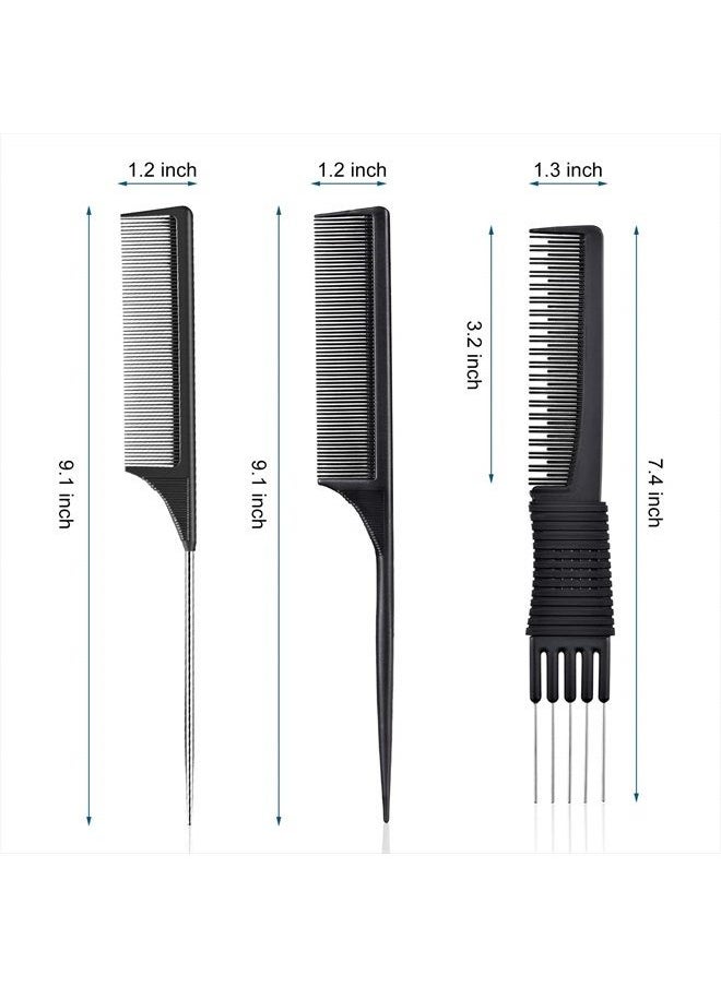 Leinuosen - 3 Pack Black Carbon Lift Teasing Combs with Metal Prong, Salon Teasing Back Combs, Black Carbon Comb with Stainless Steel Lift (Style H) - Image 1