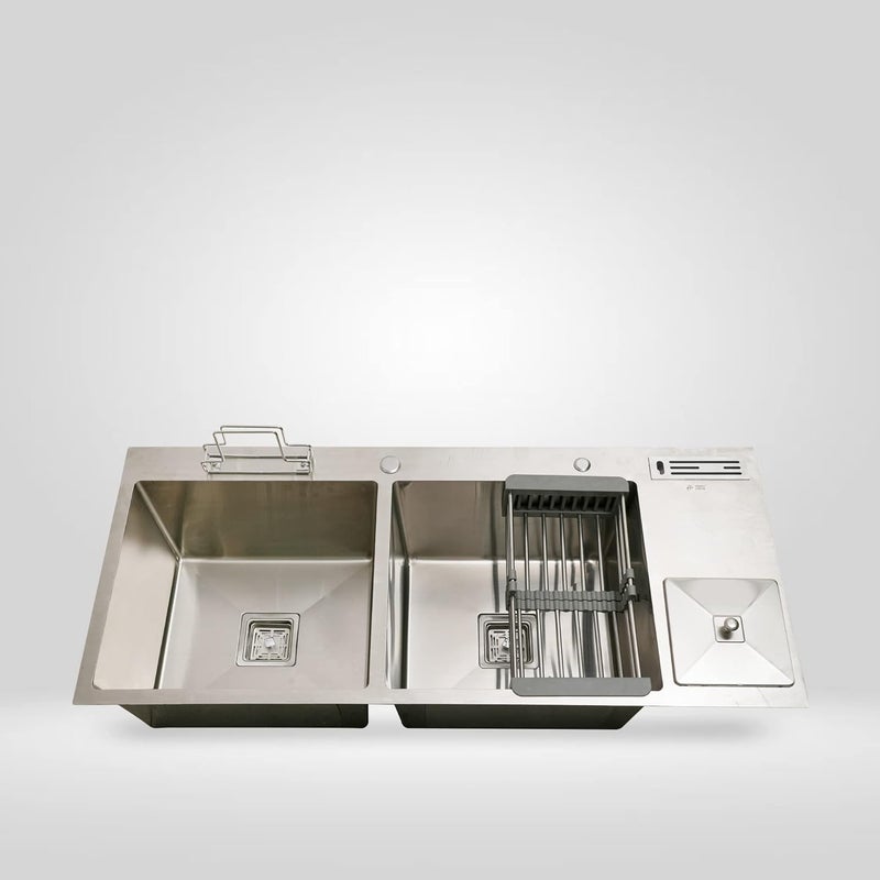 BLACKADO PREMIUM SINKS BLACKADO PREMIUM SINKS 304 GRADE STAINLESS STEEL HANDMADE KITCHEN SINKS 45 20 10 INCH DOUBLE BOWL WITH DUSTBIN - Image 1