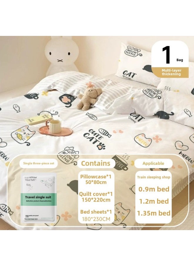 Generic Hotel Disposable Thickened Four-piece Bed Sheet Quilt Cover Pillowcase Travel Double Portable Cute Suit Wholesale-Color:Cute Cat [single Three-piece Set 1 Pack] Sterilization And Dirt Separation  - Image 1