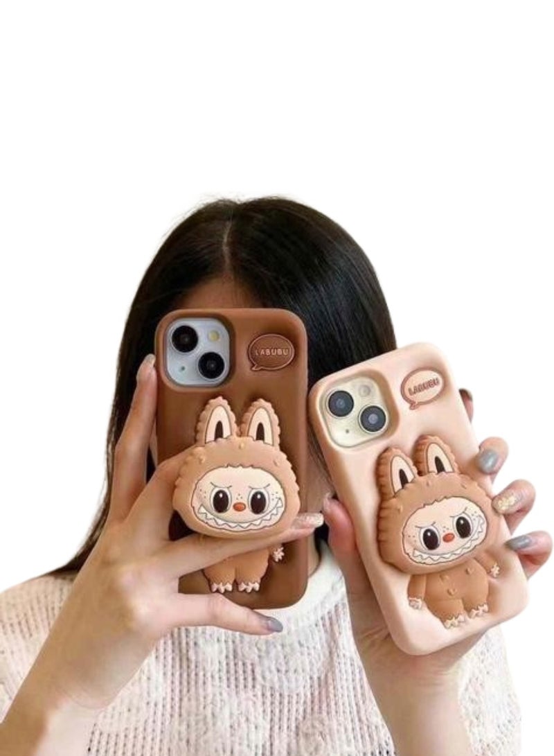 Case Club 2pcs Combo Cute 3D Labubu Bunny Case Combo for iPhone 14 Pro – Soft Silicone Cartoon Smile Series (Pack of 2 – Beige & Brown) - Image 2