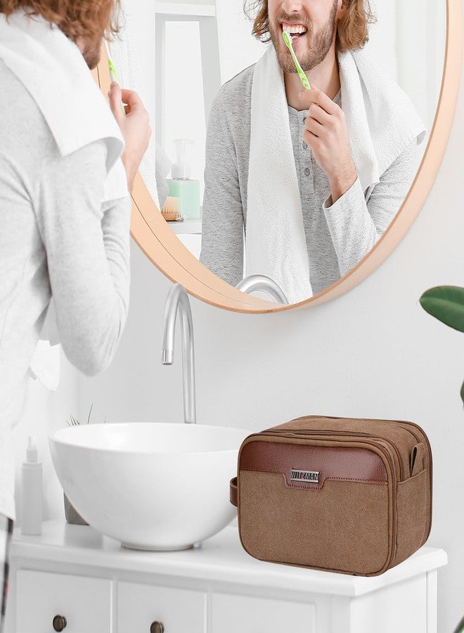 WITZMAN Canvas Toiletry Bag for Men Large Capacity Hanging Dopp kit for Men Leather Toiletries Water-resistant Bathroom Bag(A8002 Brown) - Image 2