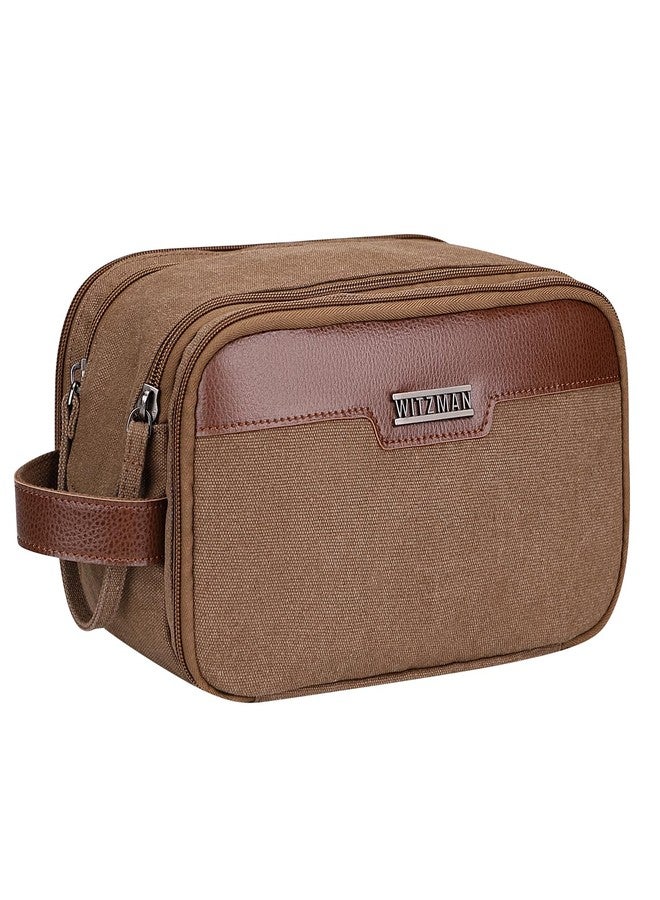 WITZMAN Canvas Toiletry Bag for Men Large Capacity Hanging Dopp kit for Men Leather Toiletries Water-resistant Bathroom Bag(A8002 Brown) - Image 1