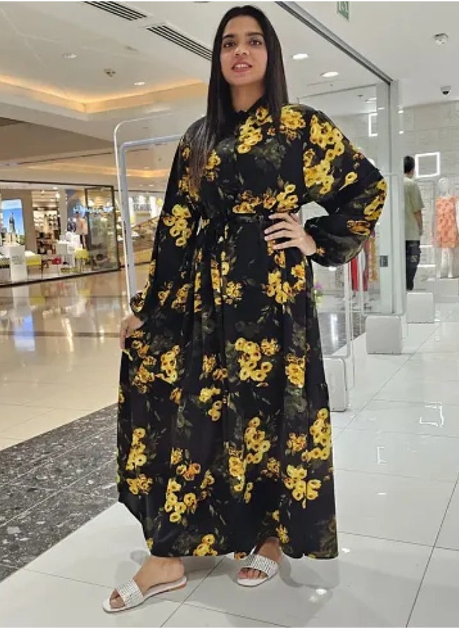 Floral Pattern Collar Neck Long Sleeves Button-Up Ruffle Hem Belted Long Maxi Dress - pzsku/Z4942033D559153AE3879Z/45/_/1723299207/3e46cf81-1d36-4ed7-a5b7-5174a1cf0172