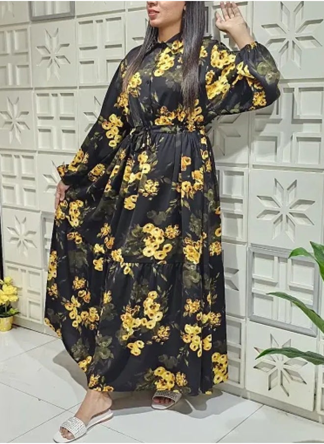 Floral Pattern Collar Neck Long Sleeves Button-Up Ruffle Hem Belted Long Maxi Dress - pzsku/Z4942033D559153AE3879Z/45/_/1723299209/1e2ec84f-00a4-4f05-91ed-00bb62161020