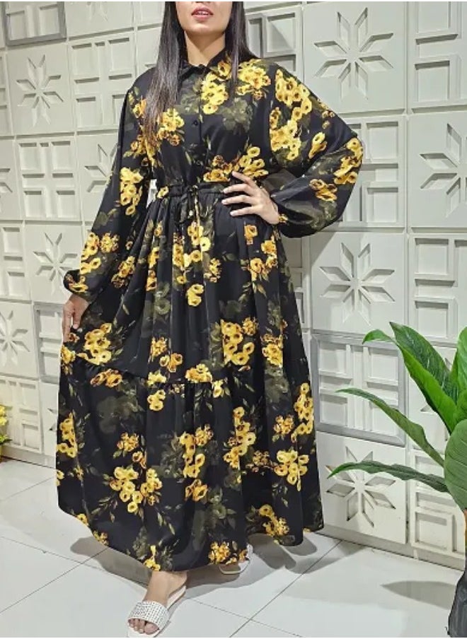 Floral Pattern Collar Neck Long Sleeves Button-Up Ruffle Hem Belted Long Maxi Dress - pzsku/Z4942033D559153AE3879Z/45/_/1723299209/aff6bd76-8a60-401c-bacf-0cc236cb9b76