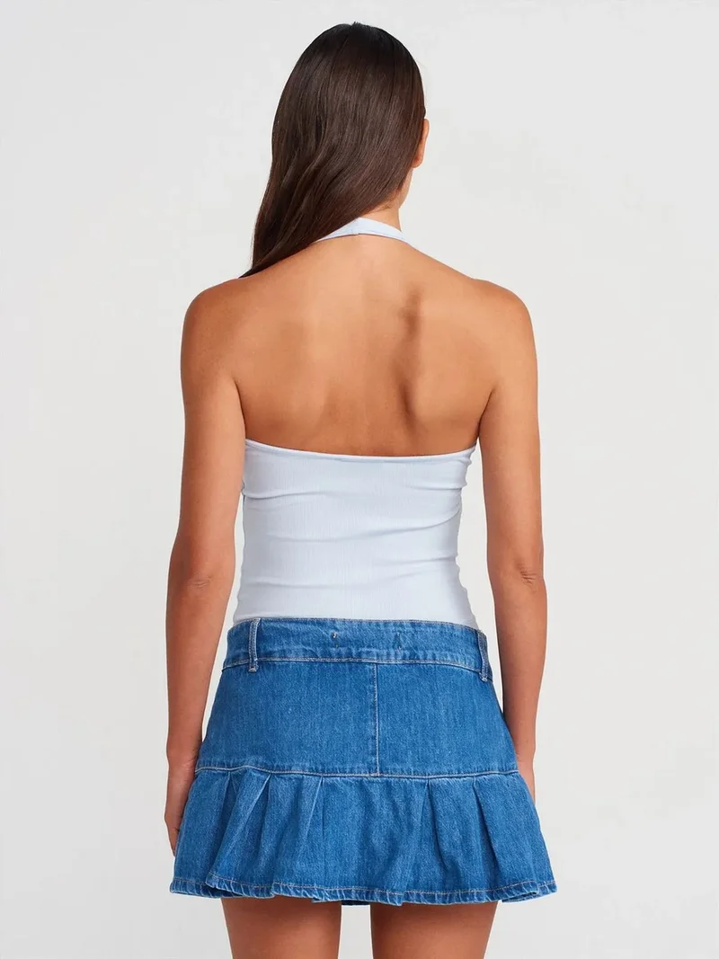 ديلفين Dilvin Mid-Waist Mini Denim Skater Skirt