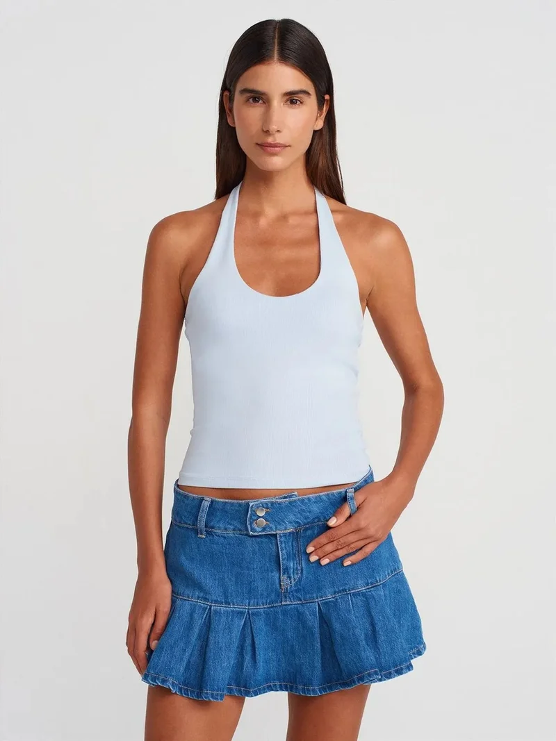 Dilvin DILVIN Mid-Waist Mini Denim Skater Skirt