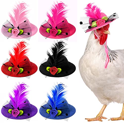 Weewooday 6 Pieces Chicken Hats for Hen Mini Chicken Helmet Accessories Feather Top Funny Small Hat Funny with Adjustable Elastic Chin Strap for Animal Costume (Fresh Color, Classic Style) - Image 1