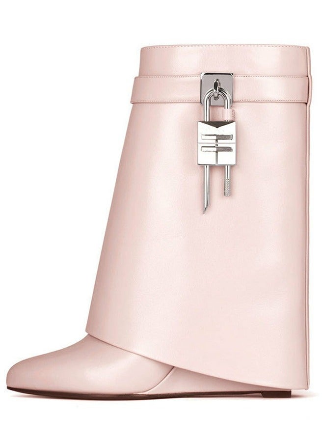 Loquat Women's Stylish Fold Over Ankle Boots Pointed Toe Wedge High Heels Short Tube Boots Pale Pink