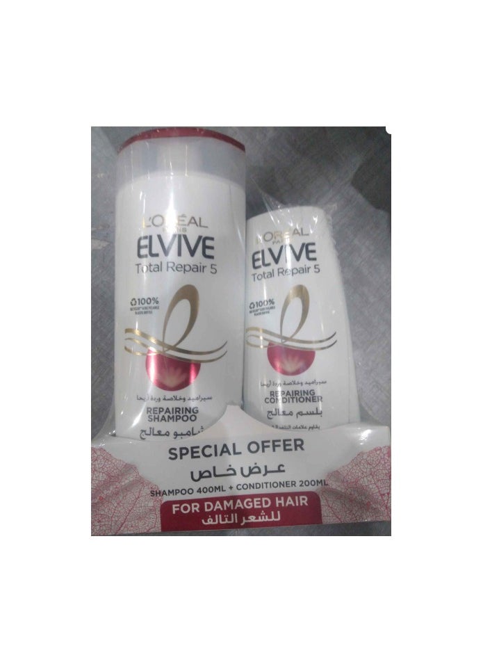 L'OREAL PARIS - Elvive Total Repair 5 Shampoo 400 ml, Conditioner 200 ml For Normal To Dry Hair - Image 1