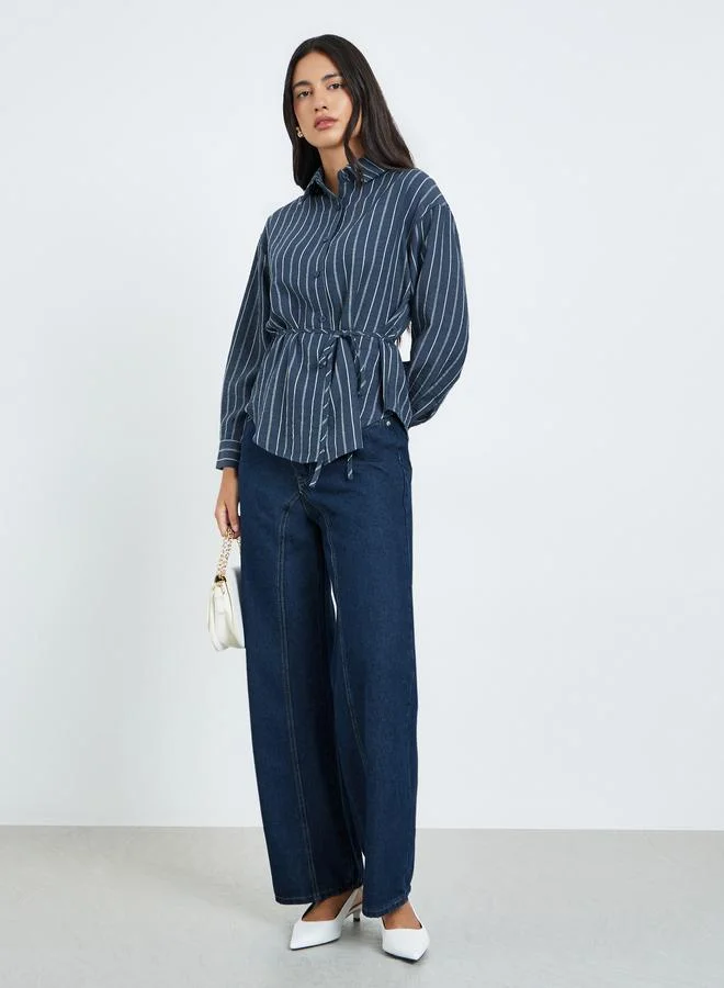 Styli Navy Striped Long Sleeve Shirt with Tie Waist