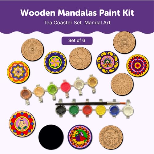 Mini Leaves Mandala Art Kit for Adults, Games for Girls Boys 7-14 Years, Craft Kit for Girls Boys 9-12, Easy to Paint Wooden Tea Coasters, Set of 6, Includes 12 Colors & Brush, Ideal for Gifting - Image 5