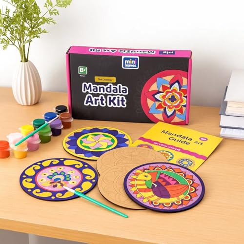 Mini Leaves Mandala Art Kit for Adults, Games for Girls Boys 7-14 Years, Craft Kit for Girls Boys 9-12, Easy to Paint Wooden Tea Coasters, Set of 6, Includes 12 Colors & Brush, Ideal for Gifting - Image 1