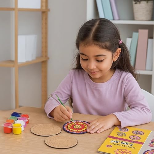 Mini Leaves Mandala Art Kit for Adults, Games for Girls Boys 7-14 Years, Craft Kit for Girls Boys 9-12, Easy to Paint Wooden Tea Coasters, Set of 6, Includes 12 Colors & Brush, Ideal for Gifting - Image 2
