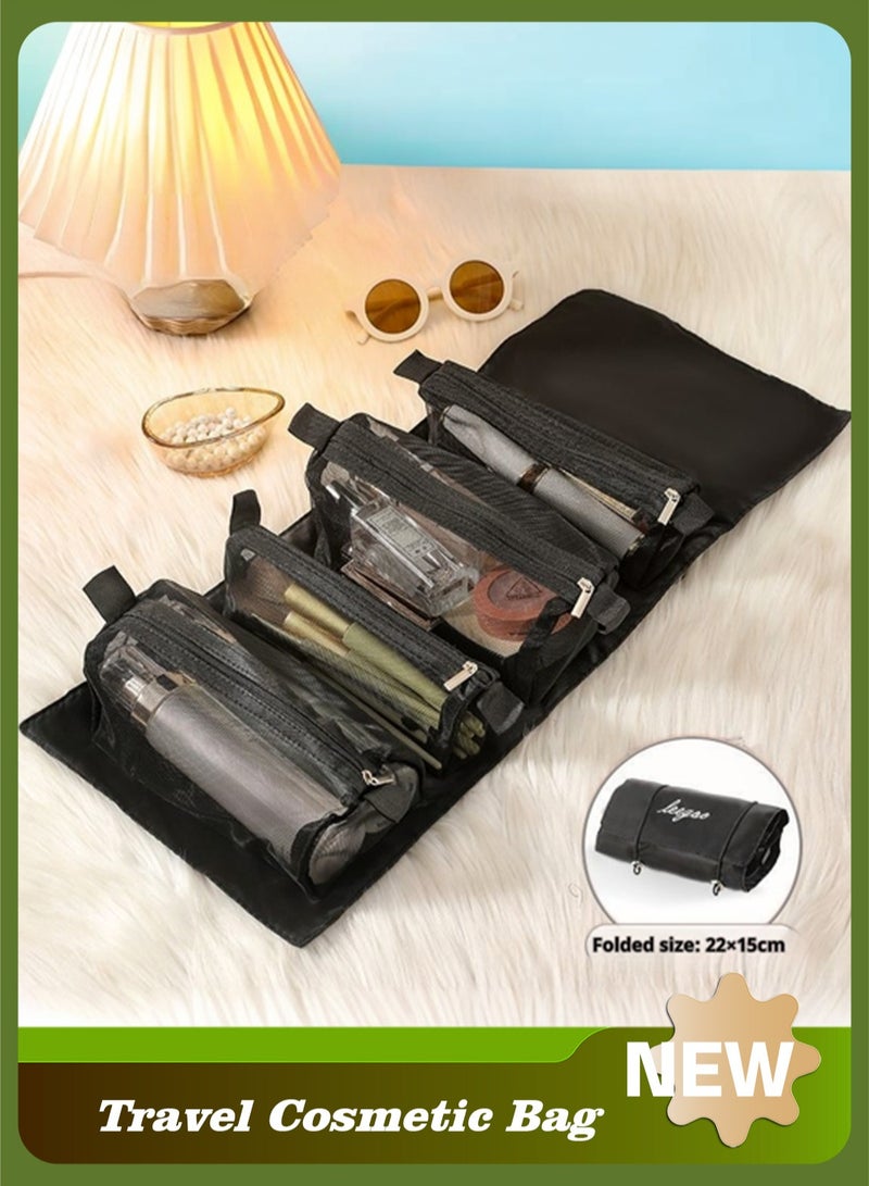 حقيبة مكياج محمولة 4 في 1 للسفر – مع أكياس شبكية قابلة للفصل ومقصورات متعددة – أسود - Image 1