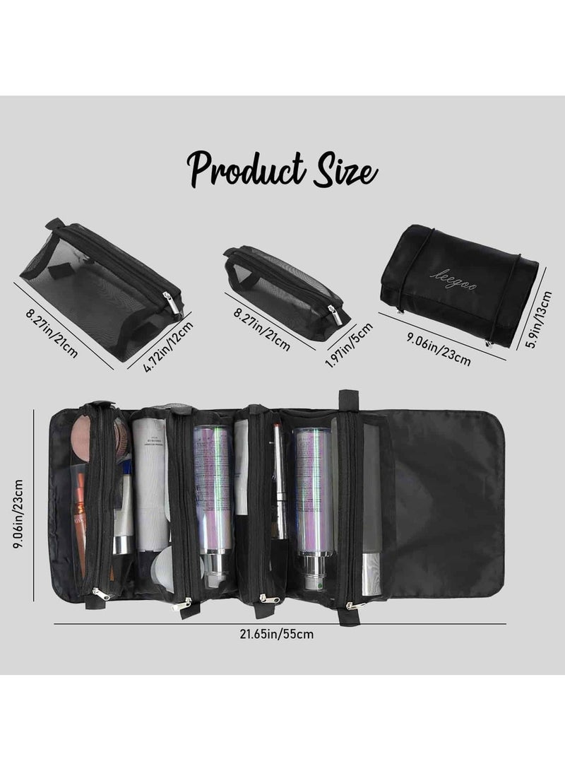 حقيبة مكياج محمولة 4 في 1 للسفر – مع أكياس شبكية قابلة للفصل ومقصورات متعددة – أسود - Image 3
