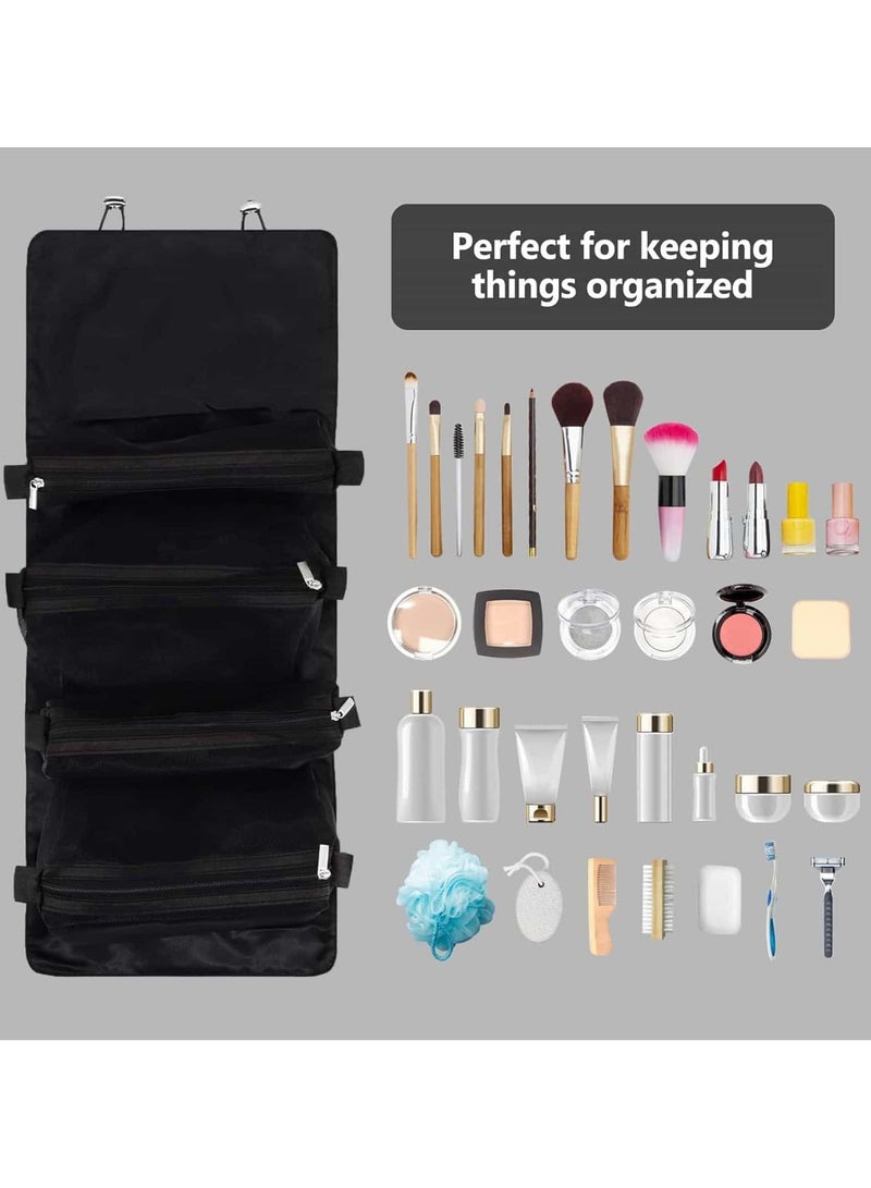 حقيبة مكياج محمولة 4 في 1 للسفر – مع أكياس شبكية قابلة للفصل ومقصورات متعددة – أسود - Image 5