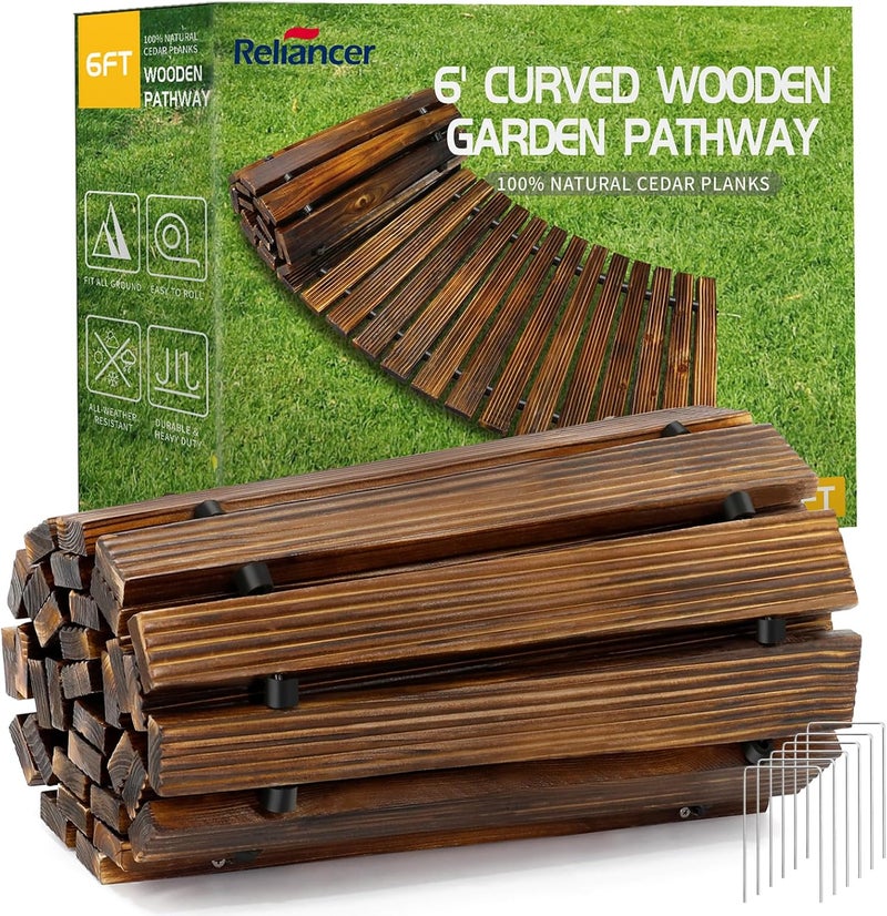 Reliancer 6' Wooden Garden Pathway,Outdoor Roll Out Cedar Curved Walkway,Patio Path Decorative Garden Boardwalk Walkways,Weather-Resistant Roll Up Beach Wood Road Floor,Wedding Party Pathways - Image 1