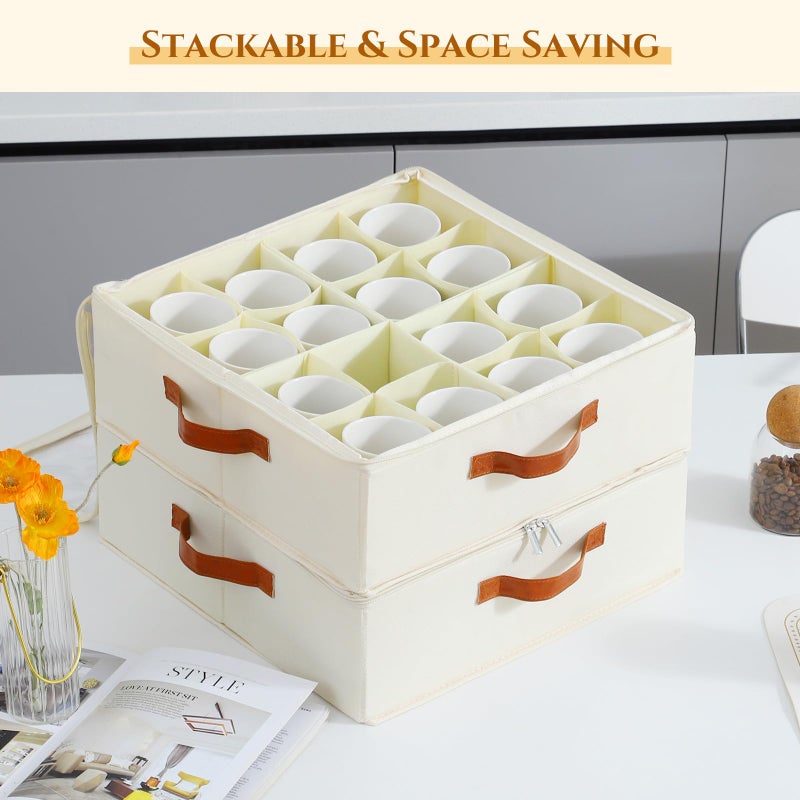 Foyego 2 Pack Coffee Mug Storage Box with Dividers, Stackable China Storage Containers with Lid, Zipper, and Handles for 32 Coffee Mugs and Cups, Mug Storage Organizer for Packing & Moving, Beige - Image 4