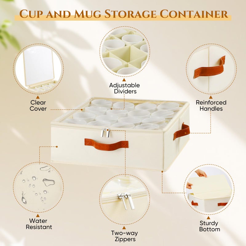 Foyego 2 Pack Coffee Mug Storage Box with Dividers, Stackable China Storage Containers with Lid, Zipper, and Handles for 32 Coffee Mugs and Cups, Mug Storage Organizer for Packing & Moving, Beige - Image 3