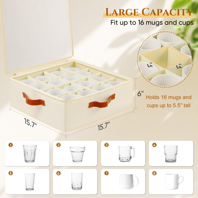 Foyego 2 Pack Coffee Mug Storage Box with Dividers, Stackable China Storage Containers with Lid, Zipper, and Handles for 32 Coffee Mugs and Cups, Mug Storage Organizer for Packing & Moving, Beige - Image 2
