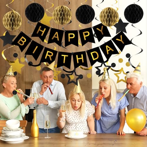 meowtastic Birthday Decorations, Happy Birthday Banner with Honeycomb Balls, Star Hanging Swirl Streamers, Circle Dot Garland, Happy Birthday Party Decorations for Women Men Boys Girls (Black & Gold) - Image 5