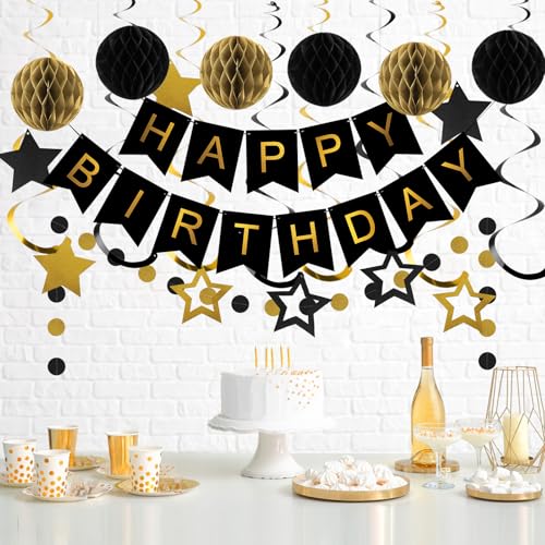 meowtastic Birthday Decorations, Happy Birthday Banner with Honeycomb Balls, Star Hanging Swirl Streamers, Circle Dot Garland, Happy Birthday Party Decorations for Women Men Boys Girls (Black & Gold) - Image 2
