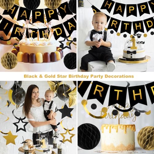 meowtastic Birthday Decorations, Happy Birthday Banner with Honeycomb Balls, Star Hanging Swirl Streamers, Circle Dot Garland, Happy Birthday Party Decorations for Women Men Boys Girls (Black & Gold) - Image 4