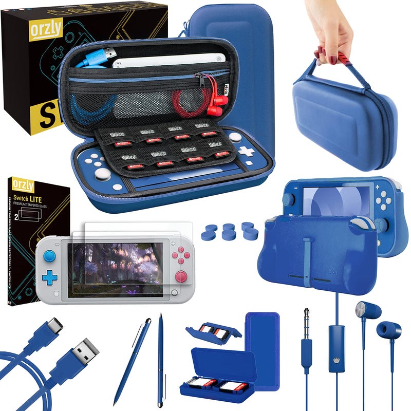Orzly Switch Lite Accessories Bundle - Case & Screen Protector for Nintendo Switch Lite Console, USB Cable, Games Holder, Comfort Grip Case, Headphones, Thumb-Grip Pack & More (New Blue) - Image 1