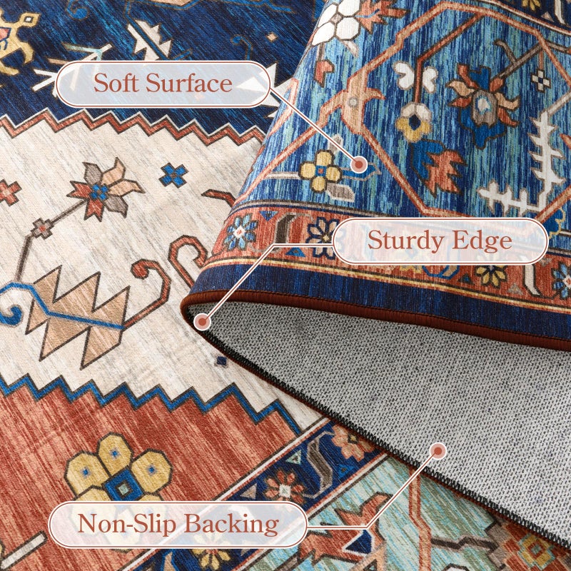 La Home Lahome Area Rugs 9x12 Living Room - Boho Non-Slip Washable Rug Ultra-Thin Stain Resistant Large Carpet Throw Non Shedding Dining Room Mat, Oriental Print Carpet for Bedroom Adelyn (Rust, 9'x12') - Image 4